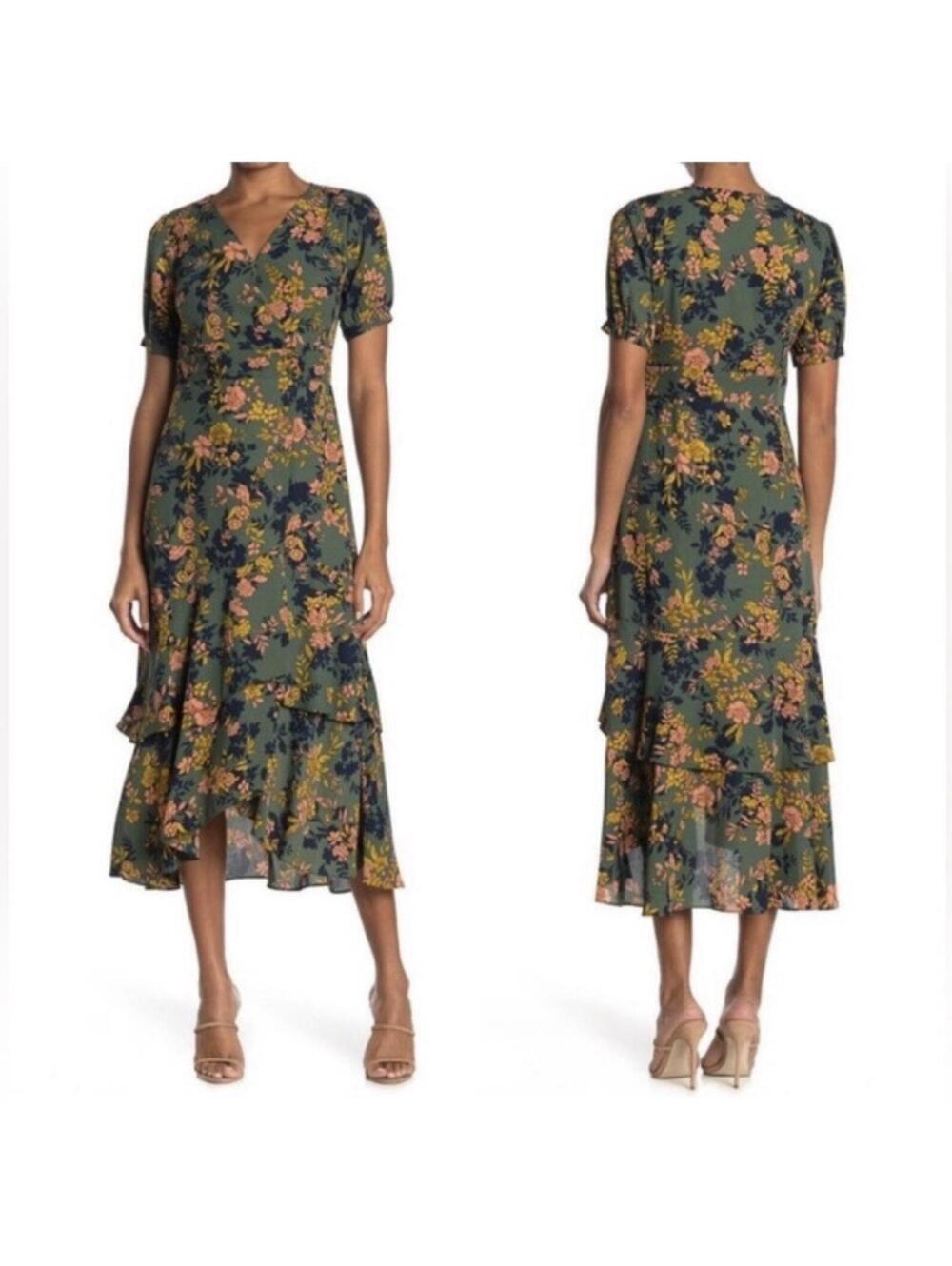 NANETTE LEPORE Floral Tiered Asymmetrical Midi Dress Wedding Guest Spring Size 2